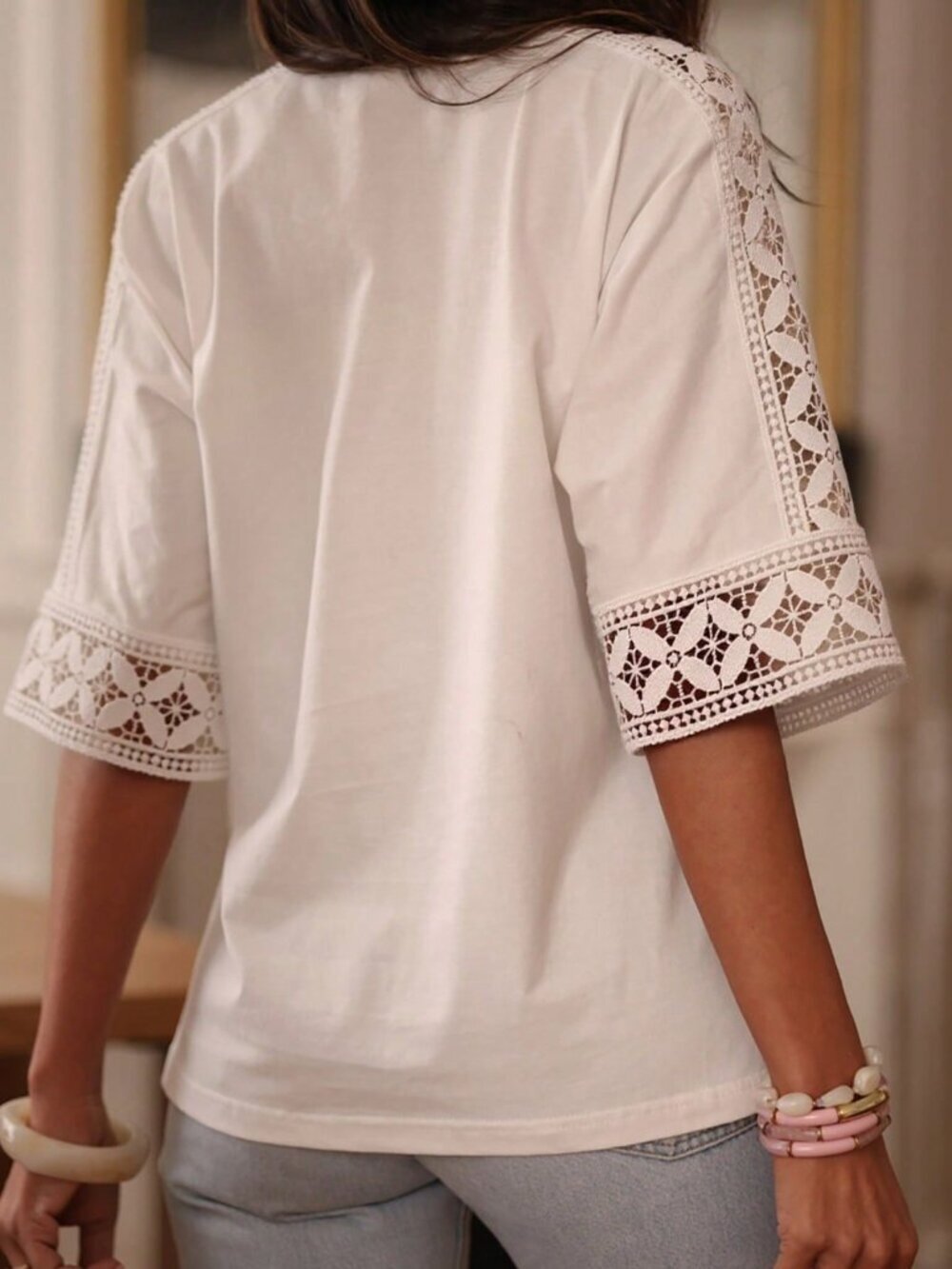 White Casual Women's Elegant Woven Fabric Hollow Out Lace Trim T-Shirt - Picture 2 of 6